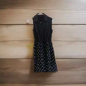 Merona Dress Size Xs Navy White Polka-dot Elastic Waist & Tie  Button Up Pockets